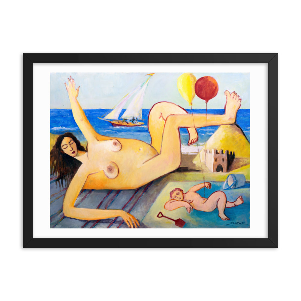 Nude On Beach by Santos Fernandez - Framed Art Print