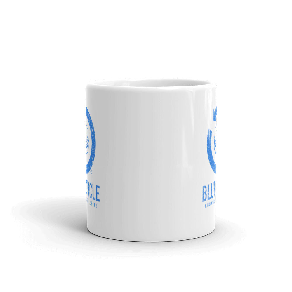 Retro Blue Circle Arrow Logo White Glossy Mug