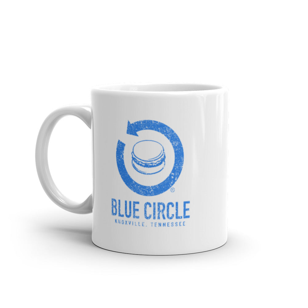 Retro Blue Circle Arrow Logo White Glossy Mug