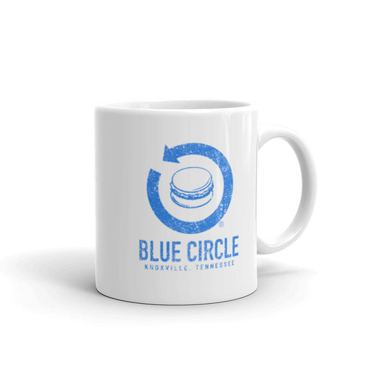 Retro Blue Circle Arrow Logo White Glossy Mug