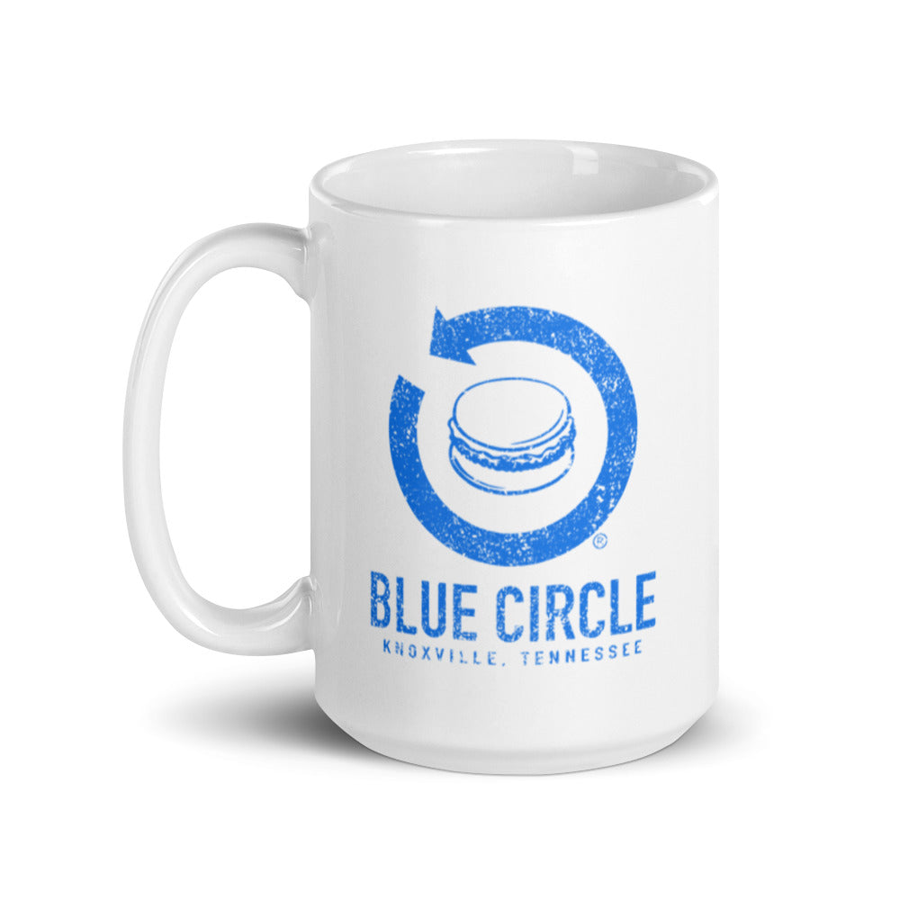 Retro Blue Circle Arrow Logo White Glossy Mug