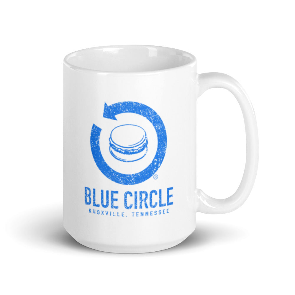 Retro Blue Circle Arrow Logo White Glossy Mug
