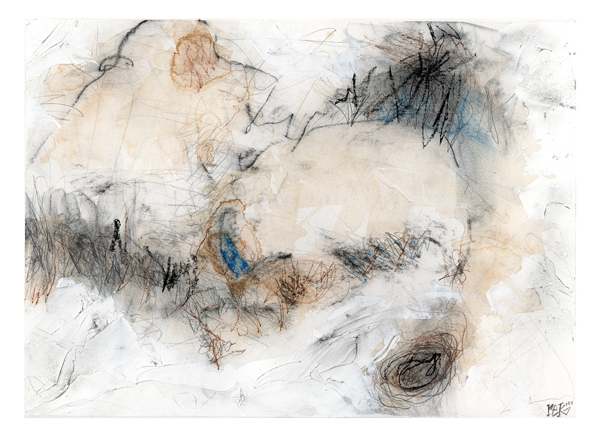 Original abstract mixed media artwork on paper by rek featuring layered graphite lines, earth tones, and subtle blue accents.”