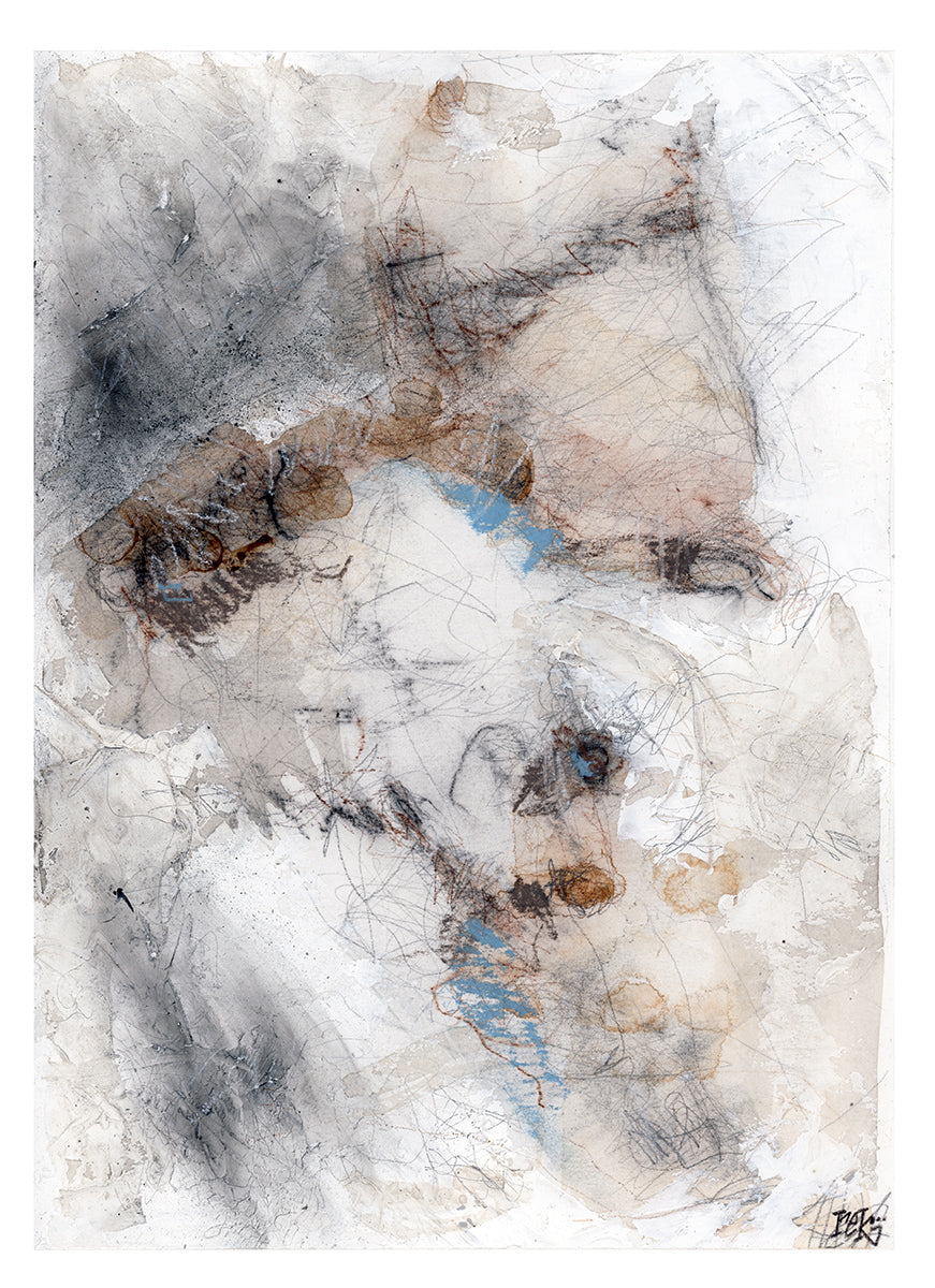 Original abstract mixed media artwork on paper by rek, featuring layered graphite lines, muted earth tones, and subtle blue accents.