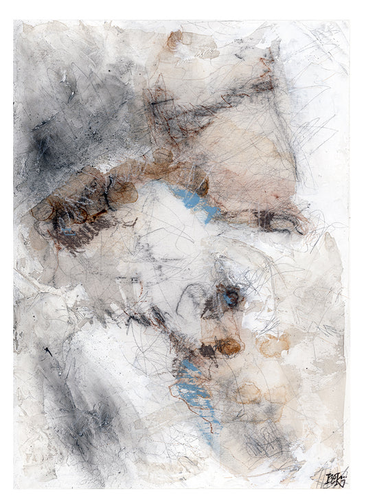 Original abstract mixed media artwork on paper by rek, featuring layered graphite lines, muted earth tones, and subtle blue accents.