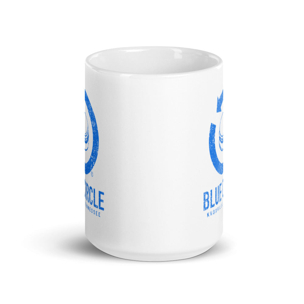 Retro Blue Circle Arrow Logo White Glossy Mug